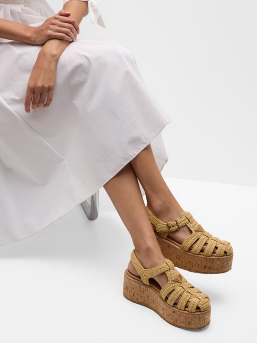 Prada fisherman sandals raffia espadrille cork platform natural tan beige 39